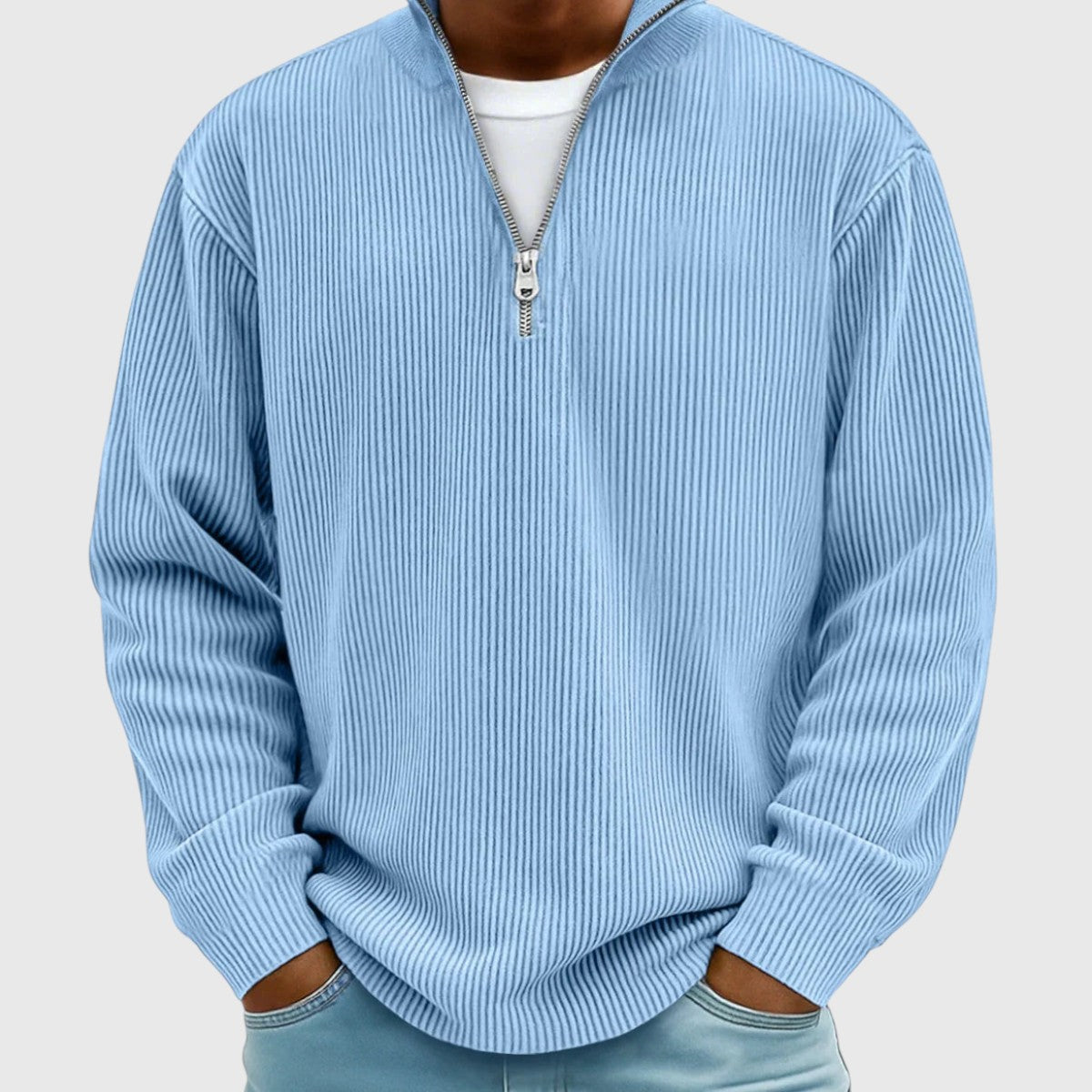Men's ribbed quarter-zip mock neck sweater with long sleeves