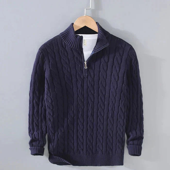Men's cable knit quarter-zip sweater with mock neck and long sleeves