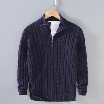 Men's cable knit quarter-zip sweater with mock neck and long sleeves