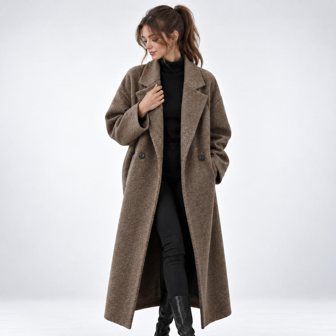 Women's long geometric patterned coat with notched lapels and button fastening