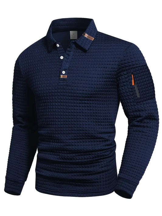 Men's textured quilted pullover sweater with polo collar and sleeve zip pocket