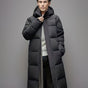 Men's black long hooded puffer coat with quilted panels and zip front