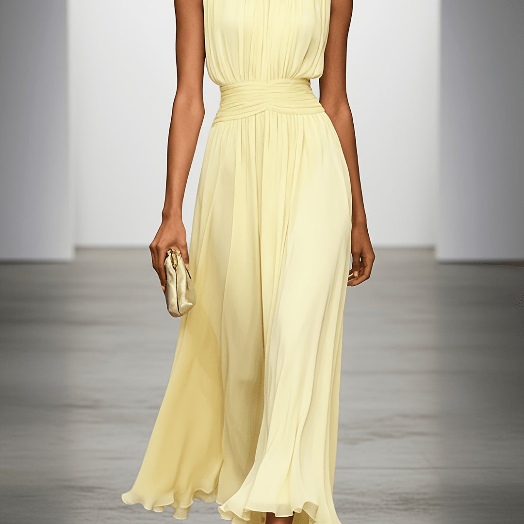 Women's Chiffon Midi Dress — Draped-Waist Flowing Elegant Summer Dress, Yellow / S