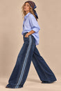 Women's dark blue wide-leg jeans with contrasting vertical side stripes