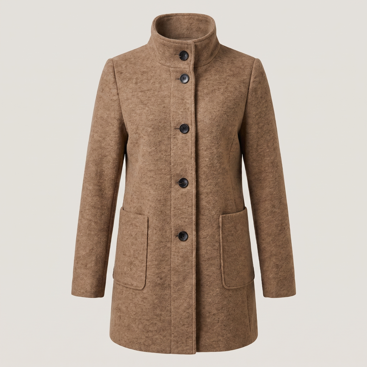 Women's longline trench coat with stand collar, button front and patch pockets