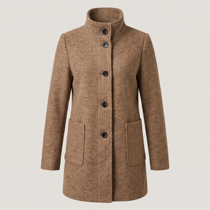 Women's longline trench coat with stand collar, button front and patch pockets