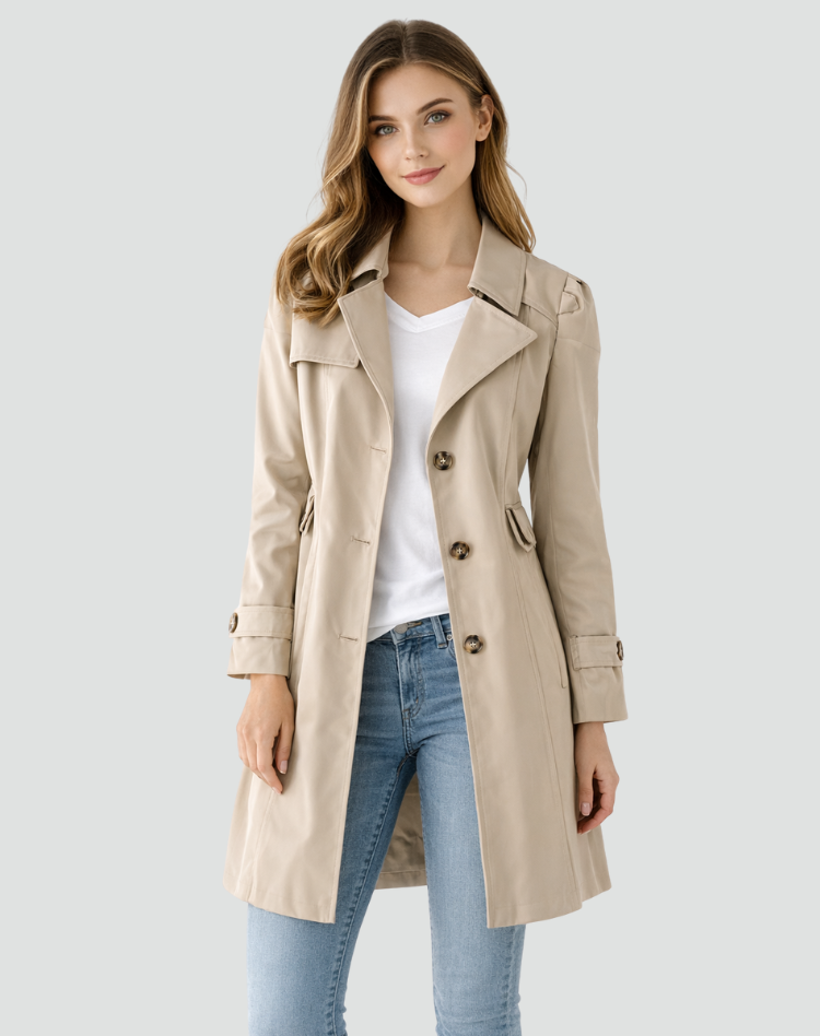 Women's slim fit trench coat with lapel collar, buttons, waist pockets and cuff straps