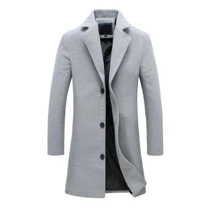 Men's tailored long coat with notched lapels, button front and side pockets