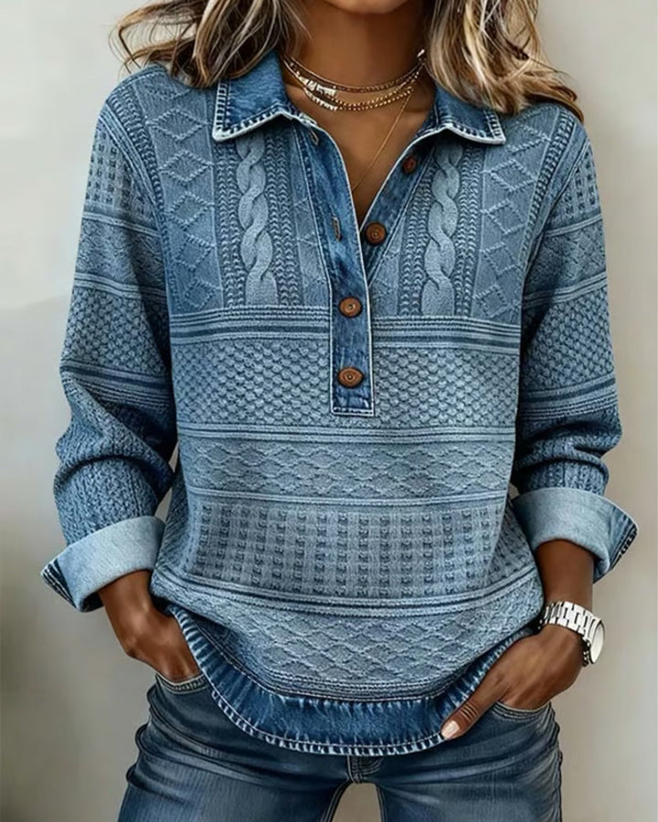 Women's textured collared sweatshirt with half button placket and long sleeves