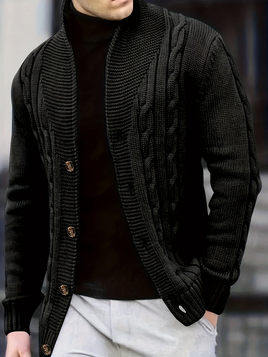 Men's ribbed knit cardigan with wide collar, long sleeves and button front
