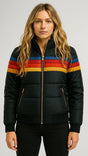 Women's hooded quilted puffer jacket with horizontal multicolour stripes
