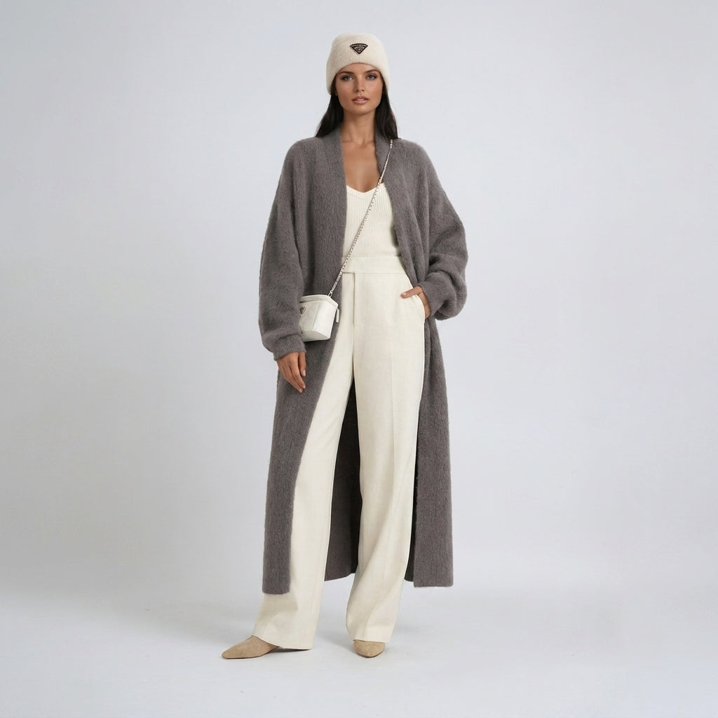Women's longline open front knit cardigan with long sleeves