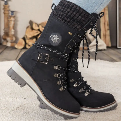 Women's lace-up ankle snow boots with knitted cuffs, buckle straps and ridged soles