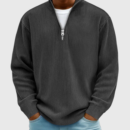 Men's ribbed quarter-zip mock neck sweater with long sleeves