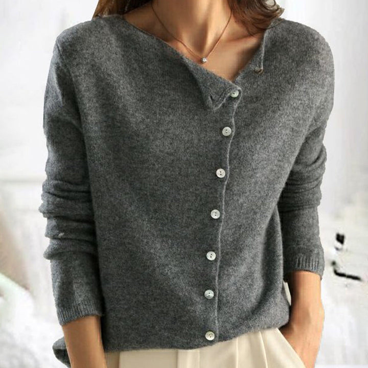 Women's plain knit button-front cardigan with round neck