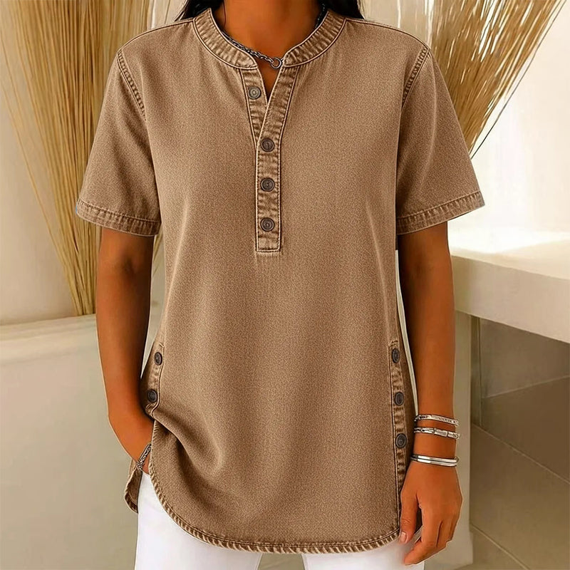 Women's Lightweight Denim Tunic — V-Neck Short-Sleeve Button Top