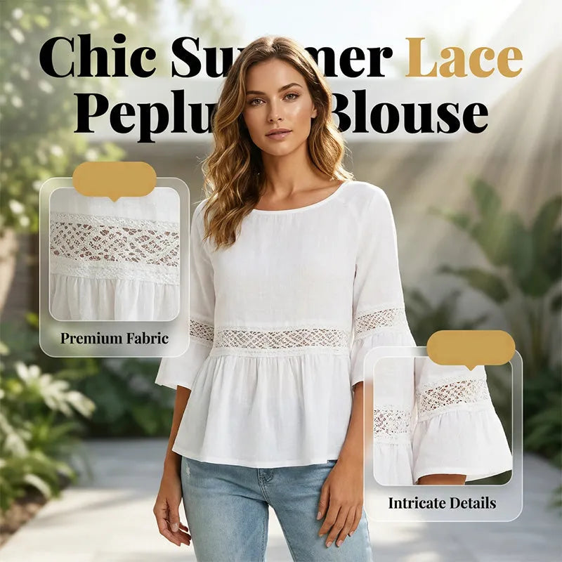 Women's Lace Peplum Blouse — Ruffle-Sleeve Crochet-Detail Lightweight Summer Top