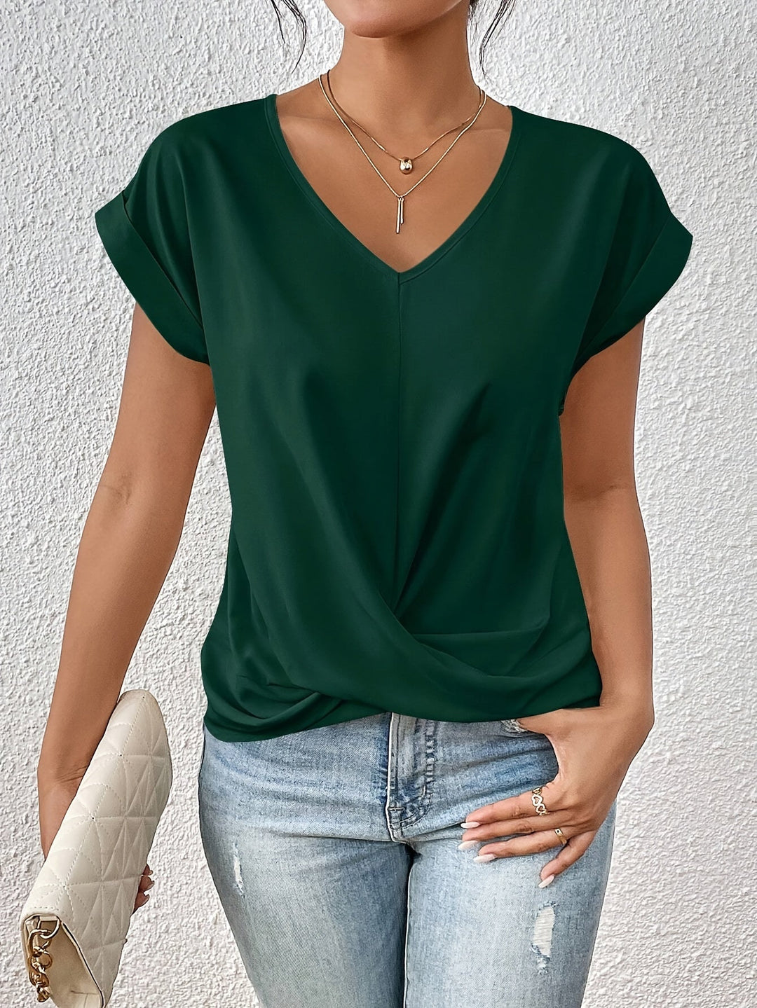 Women's V-neck short-sleeve T-shirt with twisted front gather detail
