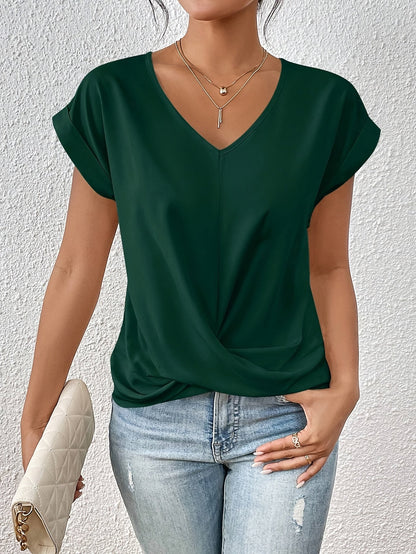Women's V-neck short-sleeve T-shirt with twisted front gather detail