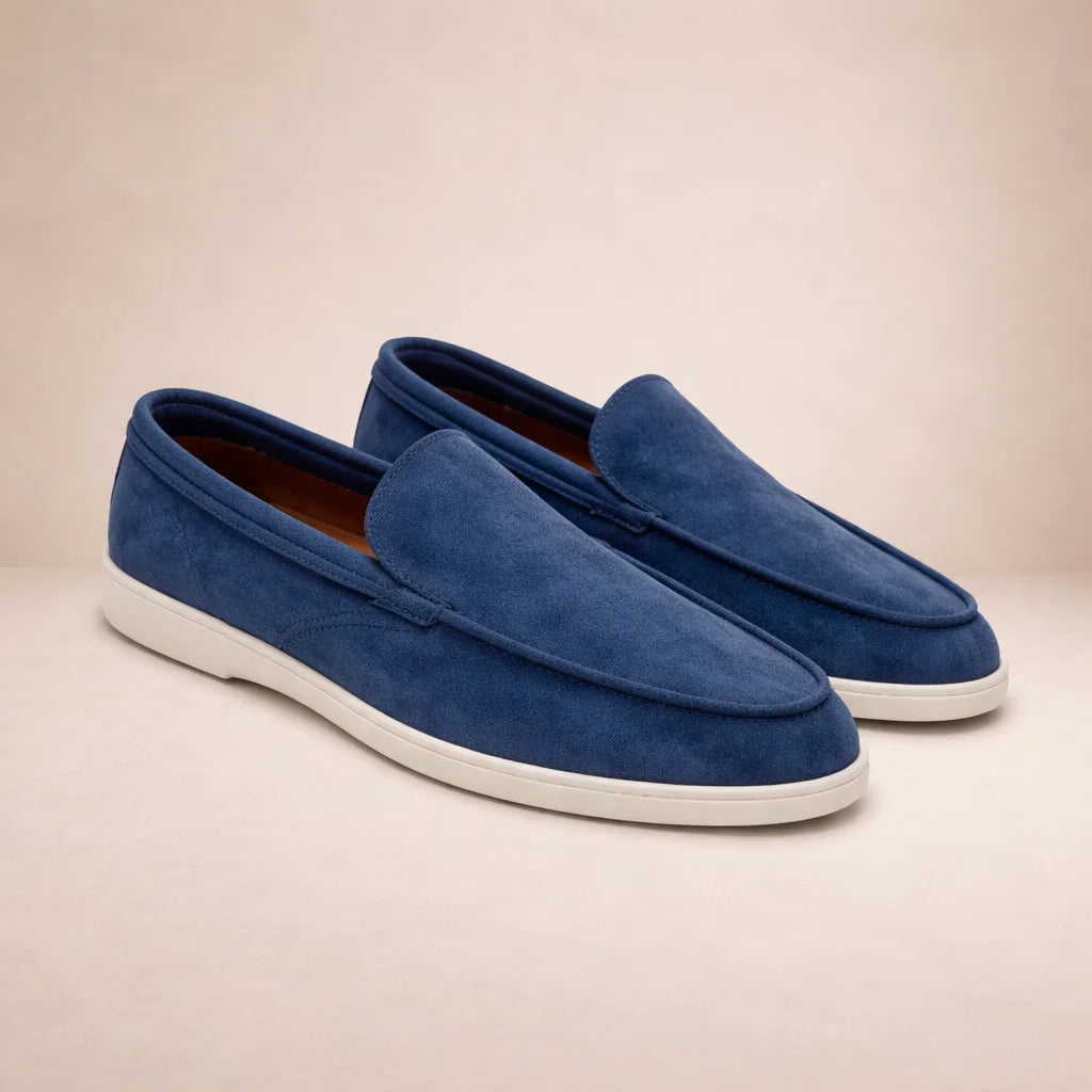 Men's slip-on moc toe loafers with stitched trim and light soles
