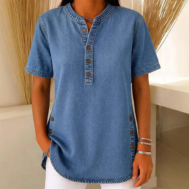 Women's Lightweight Denim Tunic — V-Neck Short-Sleeve Button Top