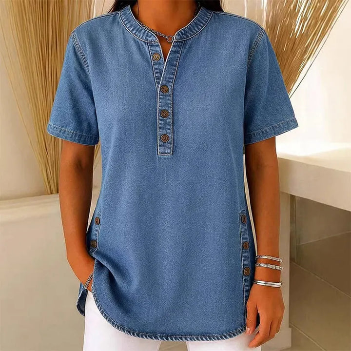 Women's Lightweight Denim Tunic — V-Neck Short-Sleeve Button Top
