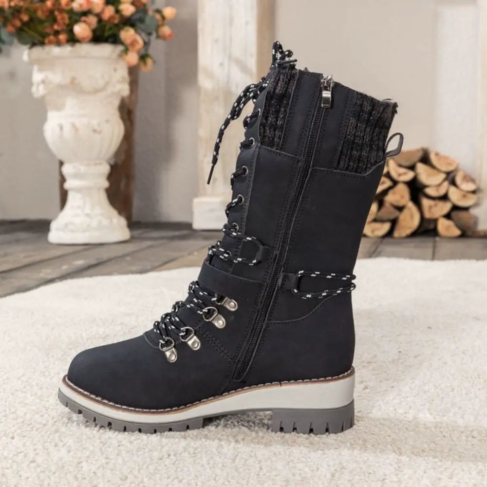 Women's lace-up ankle snow boots with knitted cuffs, buckle straps and ridged soles