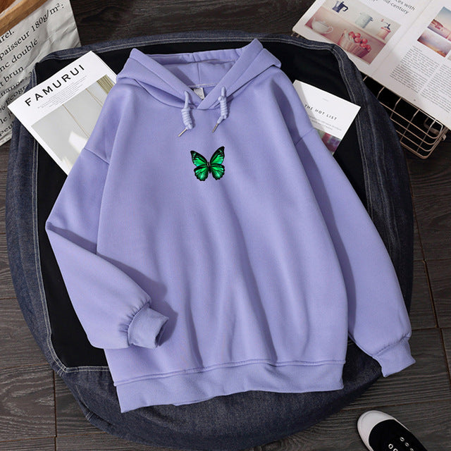Women's hooded sweatshirt with butterfly chest print