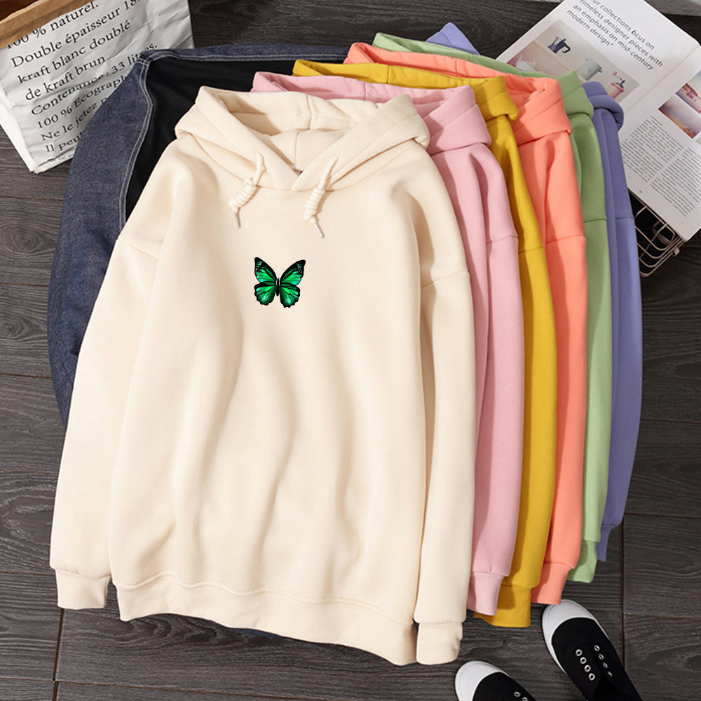 Women's hooded sweatshirt with butterfly chest print