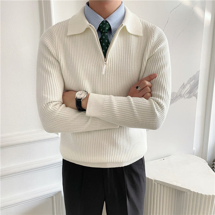 Men's ribbed quarter-zip sweater with collar in white and black