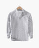 Cable knit sweater with mock collar, quarter zip and ribbed trims