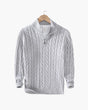 Cable knit sweater with mock collar, quarter zip and ribbed trims