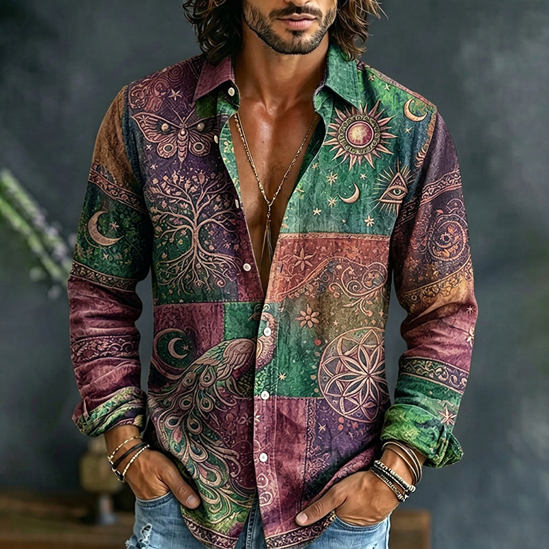 Men's long-sleeve patchwork shirt with peacock, sun, moon and paisley print