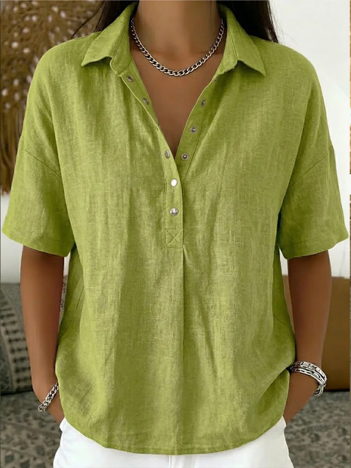 Women's button-up collar shirt in khaki with short sleeves
