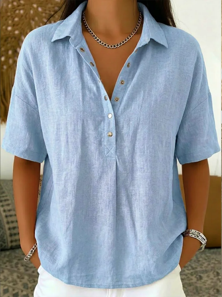 Women's button-up collar shirt in khaki with short sleeves
