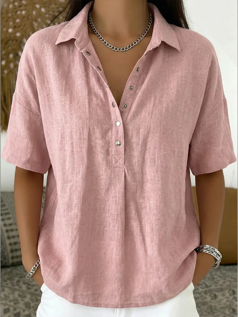Women's button-up collar shirt in khaki with short sleeves