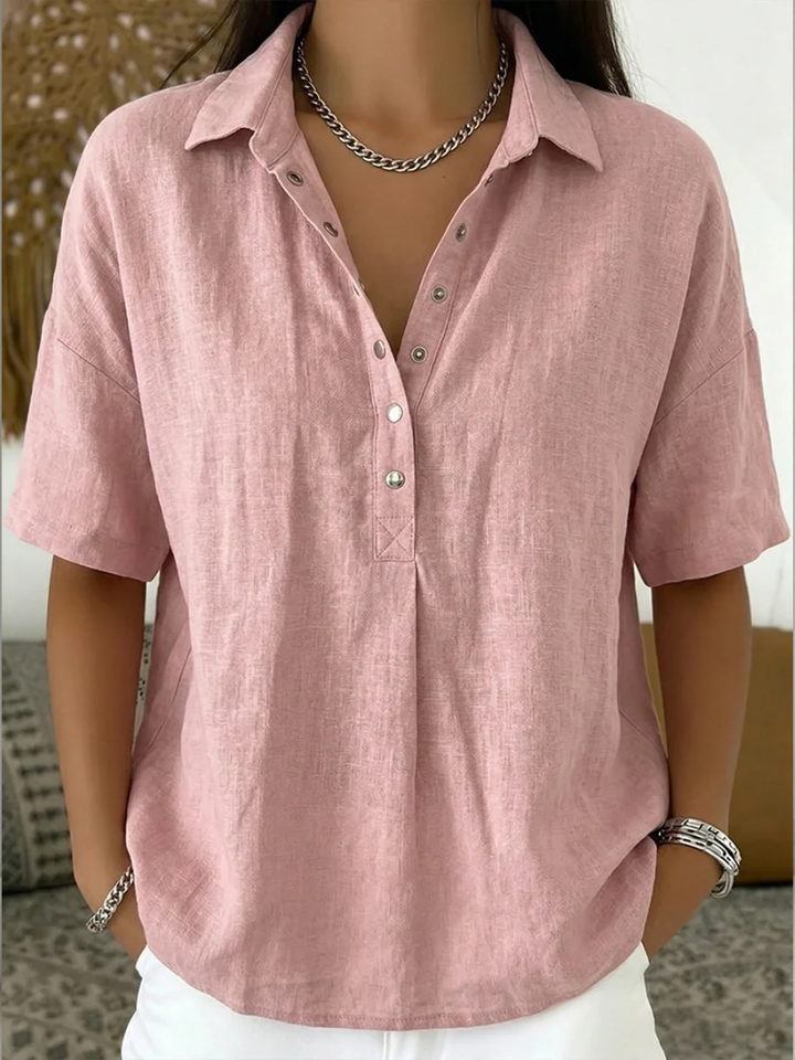 Women's button-up collar shirt in khaki with short sleeves