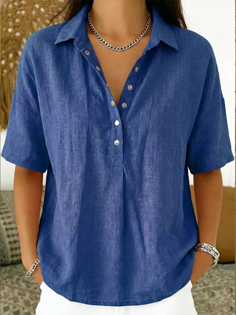 Women's button-up collar shirt in khaki with short sleeves