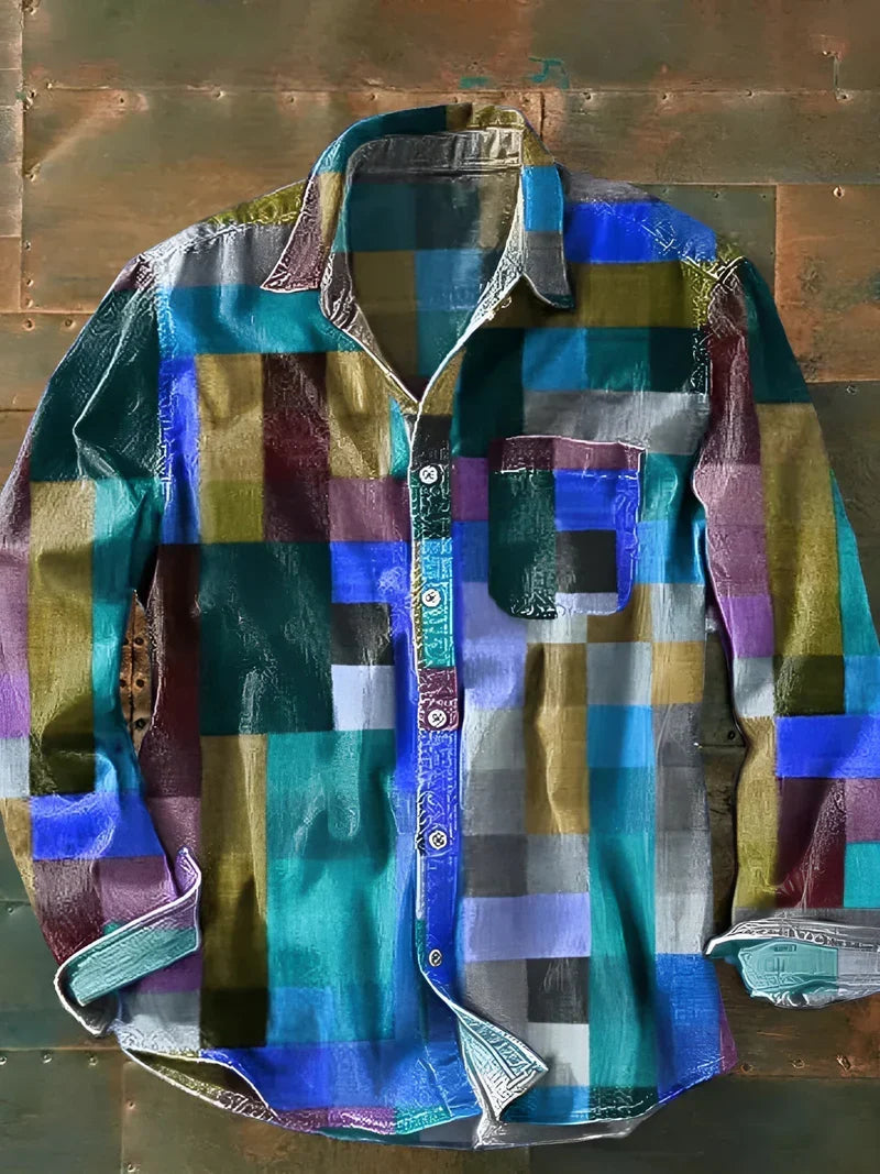 Men's multicolor plaid long-sleeve button-up shirt with chest pocket and curved hem