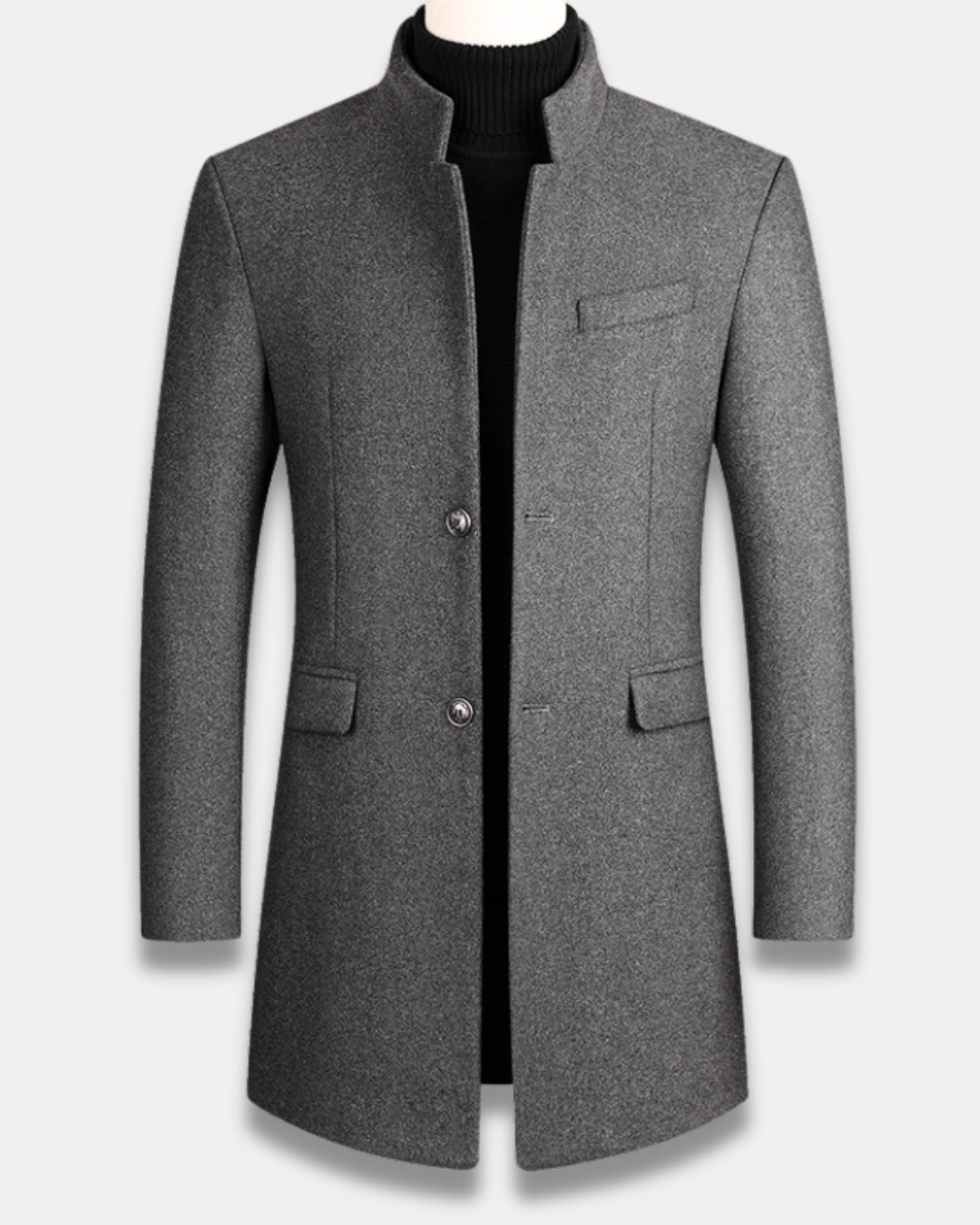 Men's long structured coat with mandarin collar, button front and flap pockets