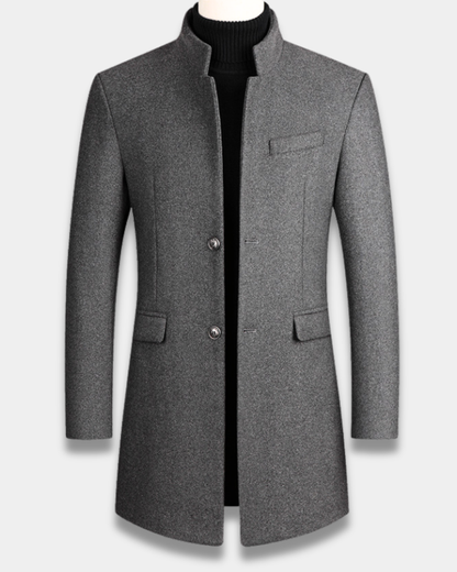 Men's long structured coat with mandarin collar, button front and flap pockets