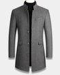 Men's long structured coat with mandarin collar, button front and flap pockets