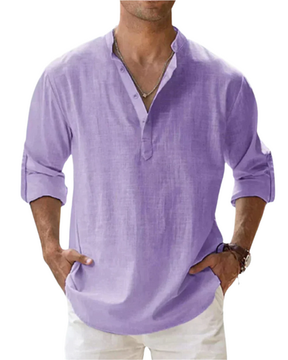 Men's solid long sleeve shirt with open collar and rolled sleeves