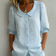 Women's Floral Embroidered Blouse — Collared Button-Front Three-Quarter Sleeve Blouse