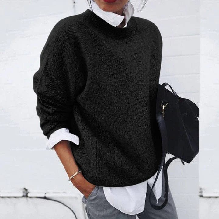 Women's crew neck knit sweater with long sleeves and ribbed trims