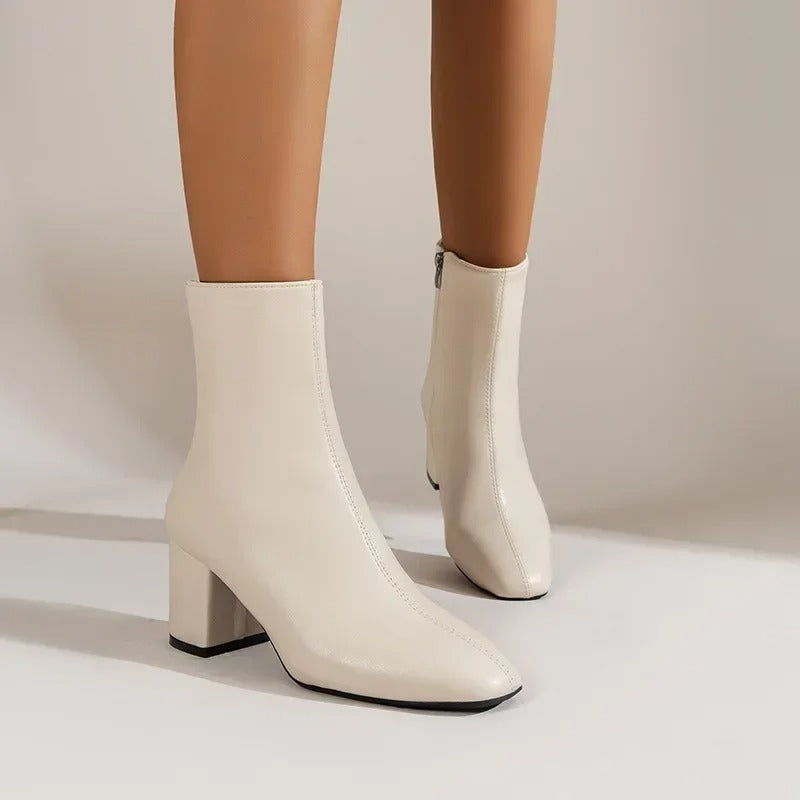 Women's glossy ankle boots with square toe and block heel