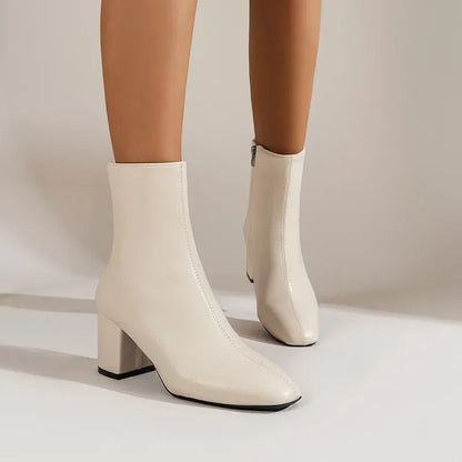 Women's glossy ankle boots with square toe and block heel