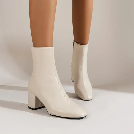 Women's glossy ankle boots with square toe and block heel