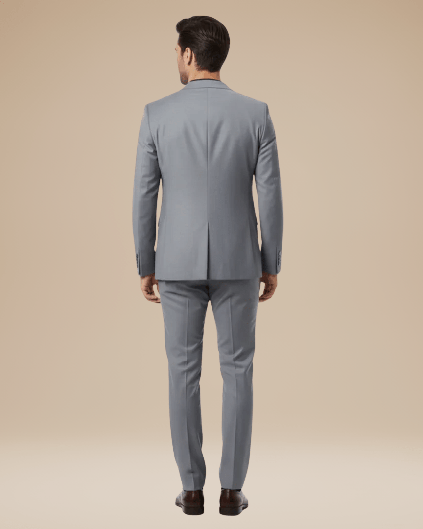 Men's two-piece suit with notched lapels and slim trousers