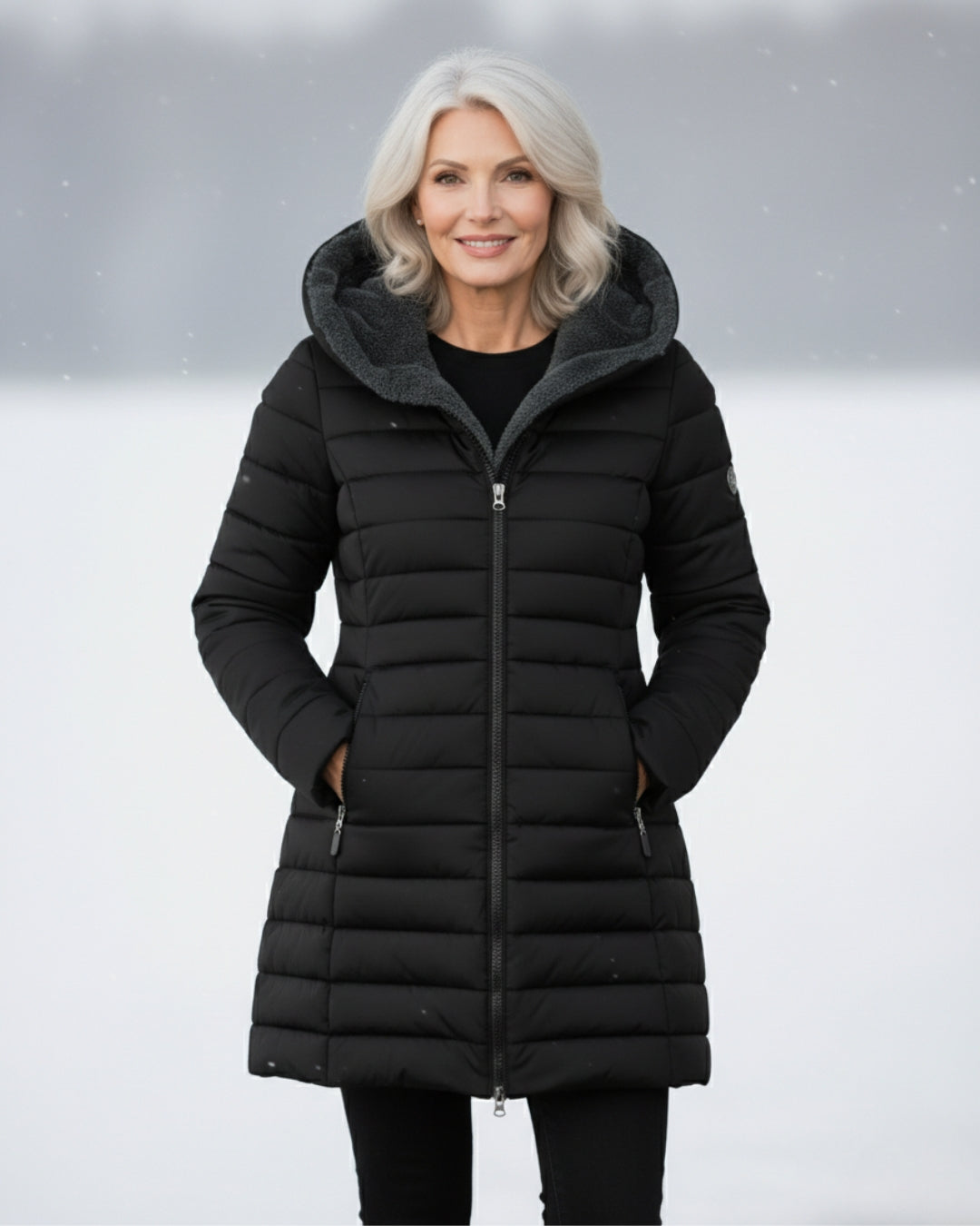 Women's long quilted puffer coat with hood and full front zipper